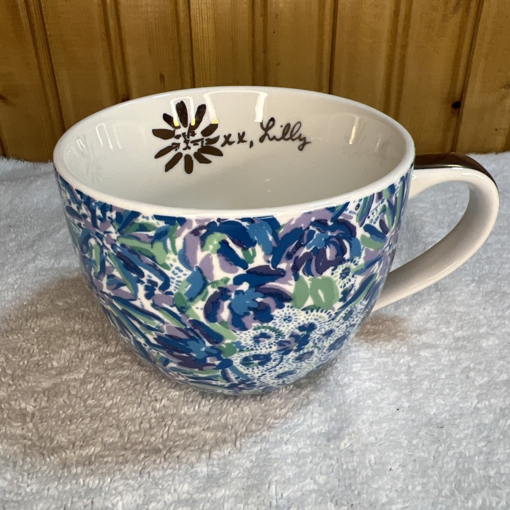 Lilly Pulitzer Coffee Mug Blue Floral Cat Gold Logo Handle Tea 12 oz Ceramic